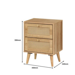 Manila Oak & Pvc Rattan 2 Drawer Bedside Table Nightstand Chest Bedroom Storage Furniture - thumbnail 3