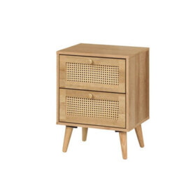 Manila Oak & Pvc Rattan 2 Drawer Bedside Table Nightstand Chest Bedroom Storage Furniture - thumbnail 2
