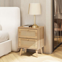 Manila Oak & Pvc Rattan 2 Drawer Bedside Table Nightstand Chest Bedroom Storage Furniture - thumbnail 1