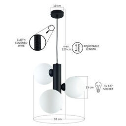Luminosa Lighting Luminosa Tube Globe Pendant Ceiling Light Black, Smoky Glass Shade 3X E27 - thumbnail 3