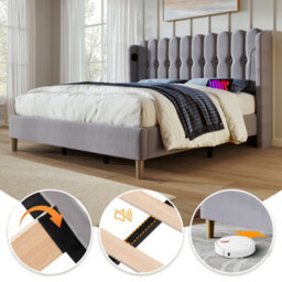 Matteo Upholstered Double Bed Frame With Usb & Type-C Charging Ports - Grey Linen Fabric, 4Ft6 (135X190Cm) - thumbnail 4