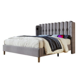 Matteo Upholstered Double Bed Frame With Usb & Type-C Charging Ports - Grey Linen Fabric, 4Ft6 (135X190Cm) - thumbnail 6