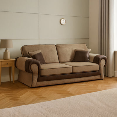 Furnishings For Less UK Portland Fabric 3 Seater Sofa  Rolled Arms Brown And Beige - image 1