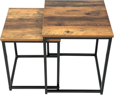 Spot On Dealz Square Nest Of 2 Tables Black Metal Frame With Solid Oak Wooden Effect Modern Nesting Small Bedside Table Living Room Furniture - image 1