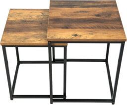 Spot On Dealz Square Nest Of 2 Tables Black Metal Frame With Solid Oak Wooden Effect Modern Nesting Small Bedside Table Living Room Furniture - thumbnail 1