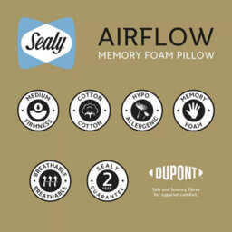 Sealy Memory Airflow Pillow Cooling Ventilated Memory Foam, Medium Firm Support, Hypoallergenic Cotton Cover For Back - thumbnail 7