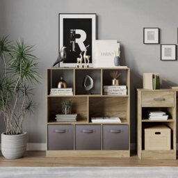 Urbn-Living Urbnliving Asymmetrical 8 Cube Oak Bookcase Storage Unit With 3 Fabric Drawer Inserts- Grey - thumbnail 2