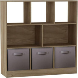 Urbn-Living Urbnliving Asymmetrical 8 Cube Oak Bookcase Storage Unit With 3 Fabric Drawer Inserts- Grey