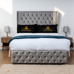 UKBEDFURNITURE Luxor Grey Plush Wingback Divan Bed Base With 54 Inch Headboard - No Storage - thumbnail 1