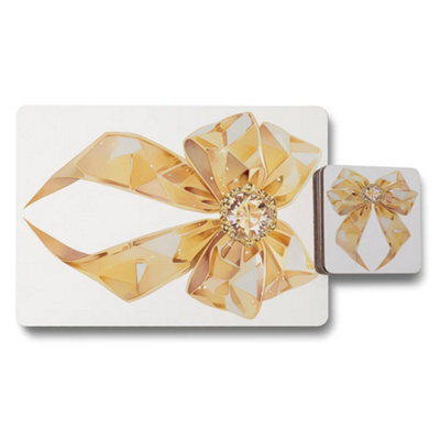 Benjamin Tate Design Placemat And Coaster Set Gold Bow Motif Designer Artwork With Wood Base 12 Pieces - image 1
