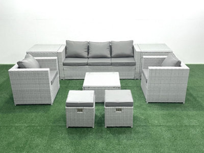 Fimous 7 Seater Rattan Garden Furniture Set 3 Seater Sofa 2 Chair Square Coffee Table 2 Small Stools 2 Side Tables Light Grey - image 1