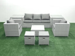 Fimous 7 Seater Rattan Garden Furniture Set 3 Seater Sofa 2 Chair Square Coffee Table 2 Small Stools 2 Side Tables Light Grey - thumbnail 2