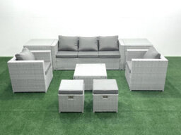 Fimous 7 Seater Rattan Garden Furniture Set 3 Seater Sofa 2 Chair Square Coffee Table 2 Small Stools 2 Side Tables Light Grey - thumbnail 1