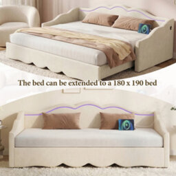 Btm Upholstered Daybed, Sofa Bed, 90X190 Cm, Extendable To 180 Cm, With Led Lighting And Usb Port, Beige Velvet - thumbnail 3