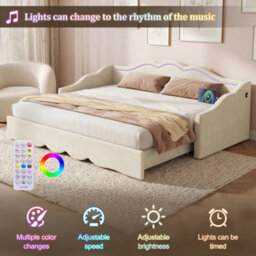 Btm Upholstered Daybed, Sofa Bed, 90X190 Cm, Extendable To 180 Cm, With Led Lighting And Usb Port, Beige Velvet - thumbnail 5