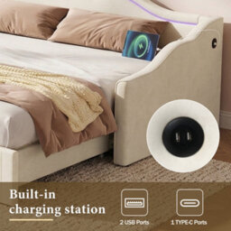 Btm Upholstered Daybed, Sofa Bed, 90X190 Cm, Extendable To 180 Cm, With Led Lighting And Usb Port, Beige Velvet - thumbnail 4