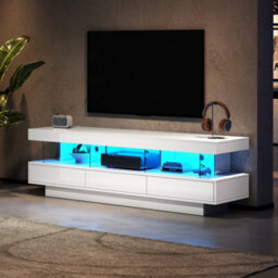 High Gloss Tv Stand With 3 Drawers, 3 Open Storage Compartments And Led Lights, White - thumbnail 2