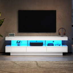 High Gloss Tv Stand With 3 Drawers, 3 Open Storage Compartments And Led Lights, White - thumbnail 4