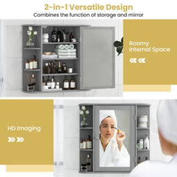 Costway 3 Tier Mirrored Bathroom Cabinet Wall Mount Storage Cupboard W/ Display Shelves - thumbnail 6