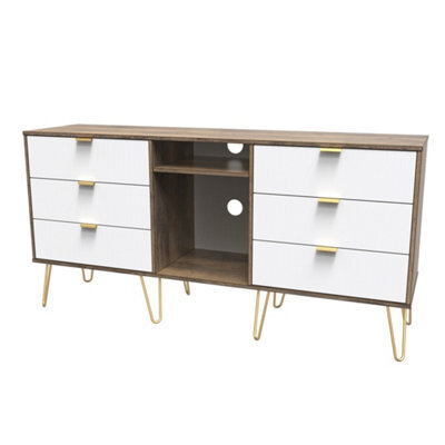 Linear Ready Assembled White Oak Effect Media Unit With 2 Shelves & 6 Drawers, (H)152Cm X (W)74Cm X (D)39.5Cm - image 1