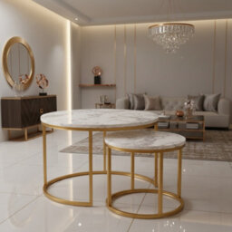 Paola Set Of 2 Modern Round Coffee Tables With Contemporary Design White Marble Golden - thumbnail 1