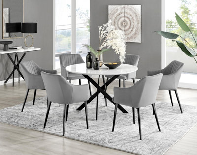 Furniturebox Uk Novara White Gloss Black Leg 120Cm Round Dining Table & 6 Grey Calla Black Leg Chairs - image 1