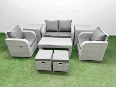 Fimous Light Grey Pe Wicker Rattan Garden Furniture Set Sofa Set Reclining Adjustable Chair 6 Seater 2 Small Stools 2 Side Table - image 1