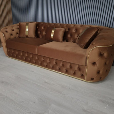 Stratus Interiors Ambassador 3-Seater Brown Sofa Gold Trim Plush Velvet Frill Design - image 1
