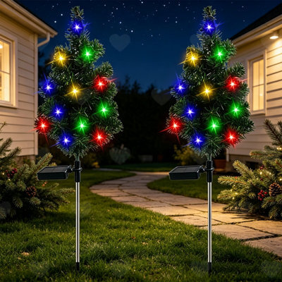 Amorly 2Pcs Solar Powered Christmas Tree Stake Lights, Waterproof Outdoor Xmas Decor For Yard Front Porch Garden Pathway Festive Lighting - image 1