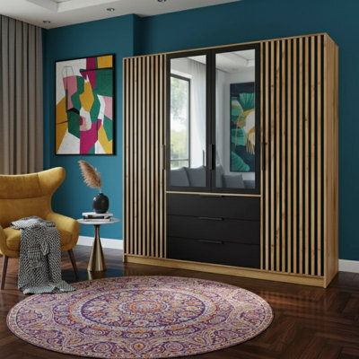 Bali Lux 4 Door Wardrobe With Mirrors Decorative Slats Spacious Closet For Bedroom Hallway Black With Oak Wotan - image 1