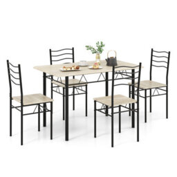 Costway Set Of 5 Dining Table Industrial Kitchen Table & 4 Chairs W/ Metal Frame-Natural - thumbnail 2