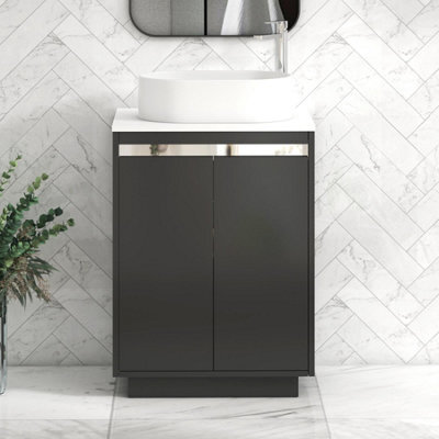 Royal Bathrooms Orion 600mm Matt Obsidian Black Floor Standing Plain White Countertop Vanity Unit 2 Door With Peak Basin & Chrome Accent Trim - image 1