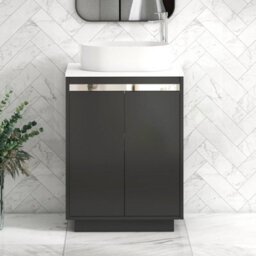 Royal Bathrooms Orion 600mm Matt Obsidian Black Floor Standing Plain White Countertop Vanity Unit 2 Door With Peak Basin & Chrome Accent Trim - thumbnail 1