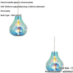 Loops 2 Pack Hanging Ceiling Pendant Light - Large Petrol Blue Metallic Glass & Chrome Plate - 10W Led E27 - thumbnail 2