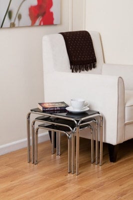Aspect Furniture Set Of 3 Rectangle Nesting Tables With Black Glass Chromed Silver Legs - image 1