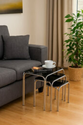 Aspect Furniture Set Of 3 Rectangle Nesting Tables With Black Glass Chromed Silver Legs - thumbnail 4