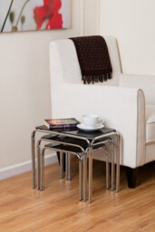 Aspect Furniture Set Of 3 Rectangle Nesting Tables With Black Glass Chromed Silver Legs