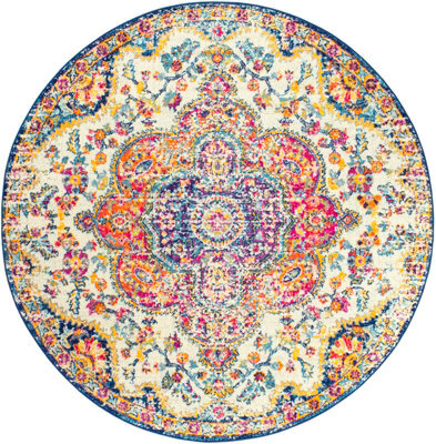 Livabliss Round Elaziz-Vintage Pink Blue Orange Yellow Traditional Boho Living Dining Bedroom Rug 200 X 200 Cm Easy Care, Non Shedding - image 1