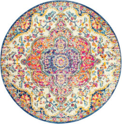 Livabliss Round Elaziz-Vintage Pink Blue Orange Yellow Traditional Boho Living Dining Bedroom Rug 200 X 200 Cm Easy Care, Non Shedding
