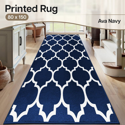 Ameha Ava Navy Printed Rug 80X150Cm, Non Slip Hypoallergenic Indoor/outdoor Kitchen,moroccan Pattern Hallway Runner Rug - image 1