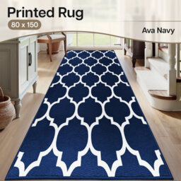 Ameha Ava Navy Printed Rug 80X150Cm, Non Slip Hypoallergenic Indoor/outdoor Kitchen,moroccan Pattern Hallway Runner Rug