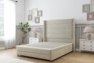 "Sloomy Sterling Cream Plush Divan Bed 2 Drawers Foot-End - 54"" Wingback Headboard & 12"" Footboard 4' Small Double" - image 1