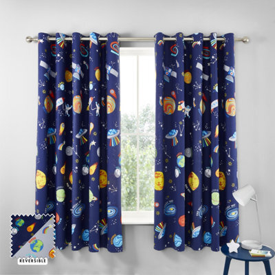 Catherine Lansfield Lost In Space 66X72 Inch Fully Reversible Two Curtain Panels Grey/blue - image 1