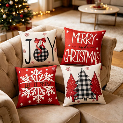 Amorly Set Of 4 Buffalo Plaid Christmas Pillow Covers, Tree, Joy, Snow, Merry Christmas Motifs, Holiday Decorative Throw Cushion Cases - image 1