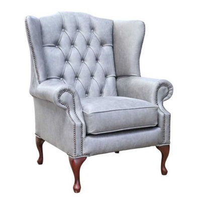 Chesterfield High Back Wing Chair Cracked Wax Ash Grey Leather In Mallory Style - image 1