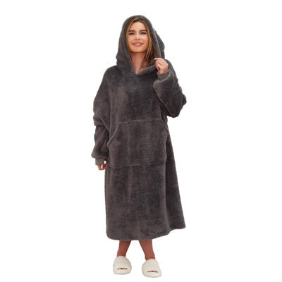 Ohs Long Soft Teddy Fleece Oversized Hoodie Blanket Sweatshirt, Charcoal