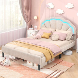 Costway King Size Upholstered Led Bed Frame Kids Platform Bed W/ Adjustable Headboard - thumbnail 4