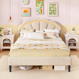 Costway King Size Upholstered Led Bed Frame Kids Platform Bed W/ Adjustable Headboard - thumbnail 5