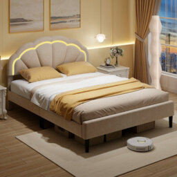 Costway King Size Upholstered Led Bed Frame Kids Platform Bed W/ Adjustable Headboard