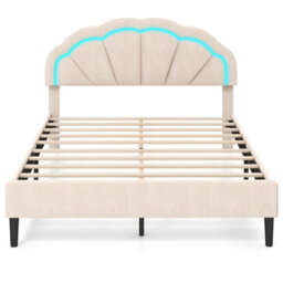 Costway King Size Upholstered Led Bed Frame Kids Platform Bed W/ Adjustable Headboard - thumbnail 2